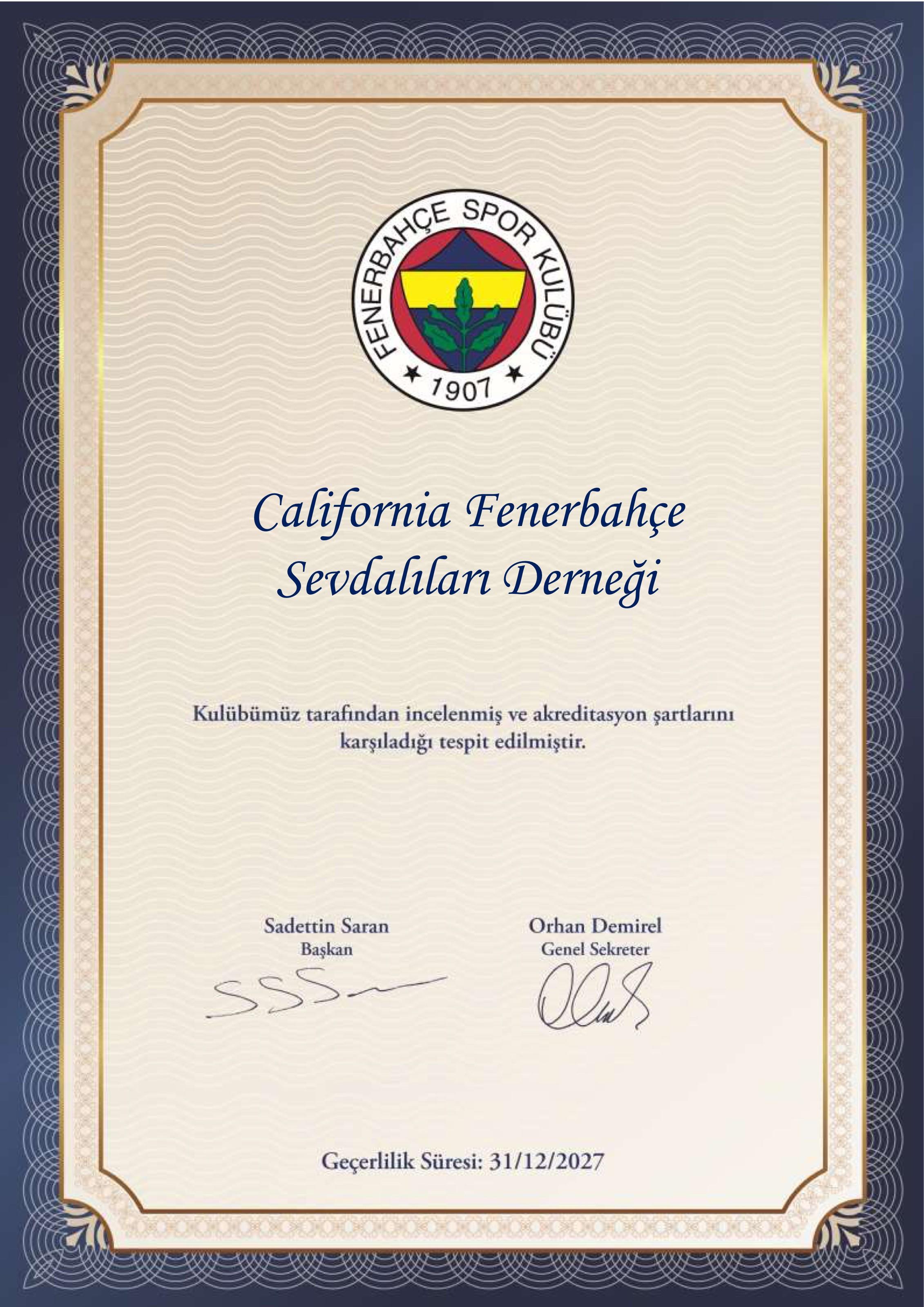 Fenerbahçe Sports Club accreditation certificate for California Fenerbahçe Sevdalıları Derneği