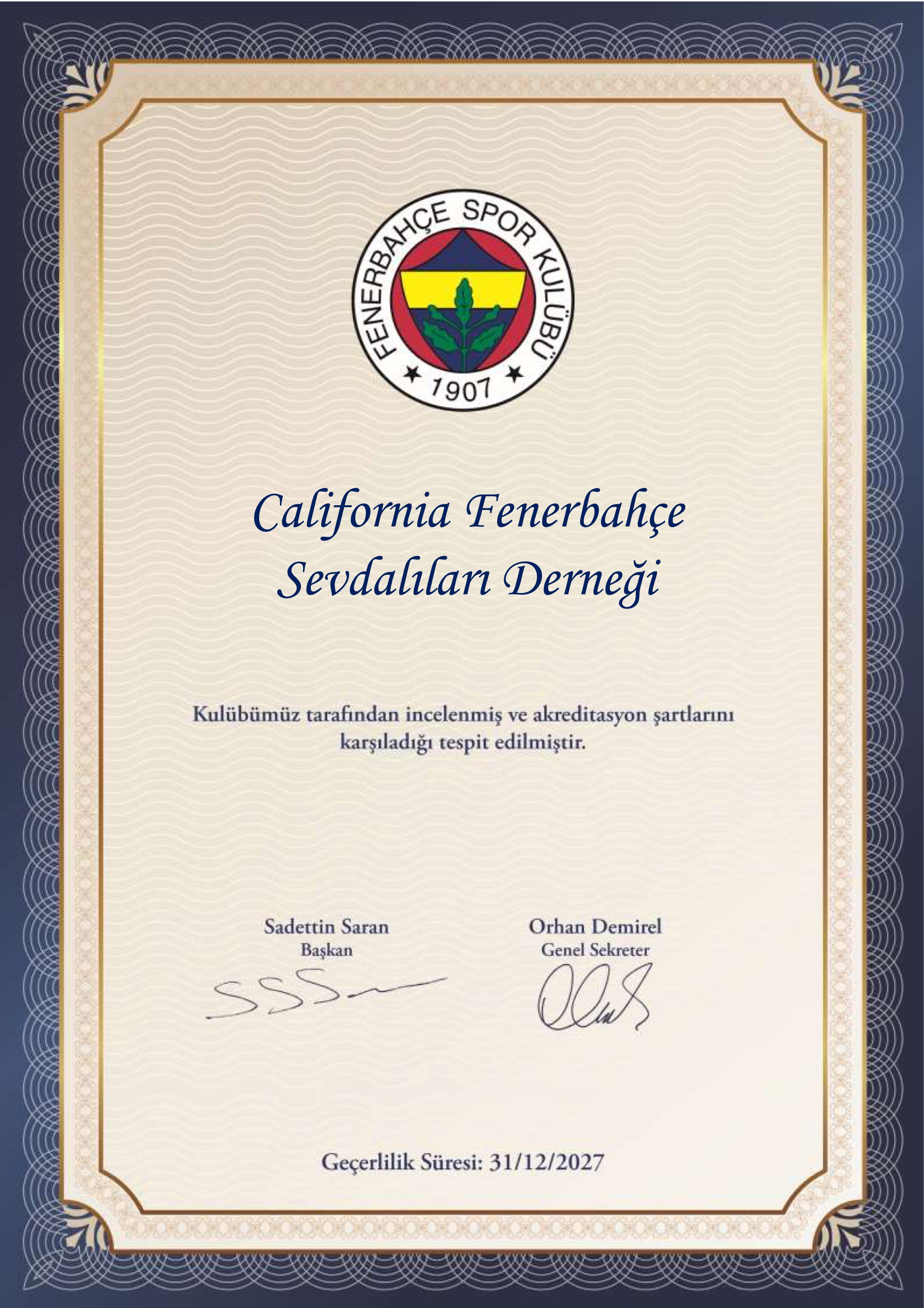 Fenerbahçe Sports Club accreditation certificate for California Fenerbahçe Sevdalıları Derneği
